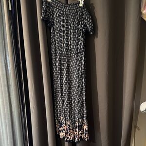 Off-Shoulder Navy Wide Leg Romper with Floral Border